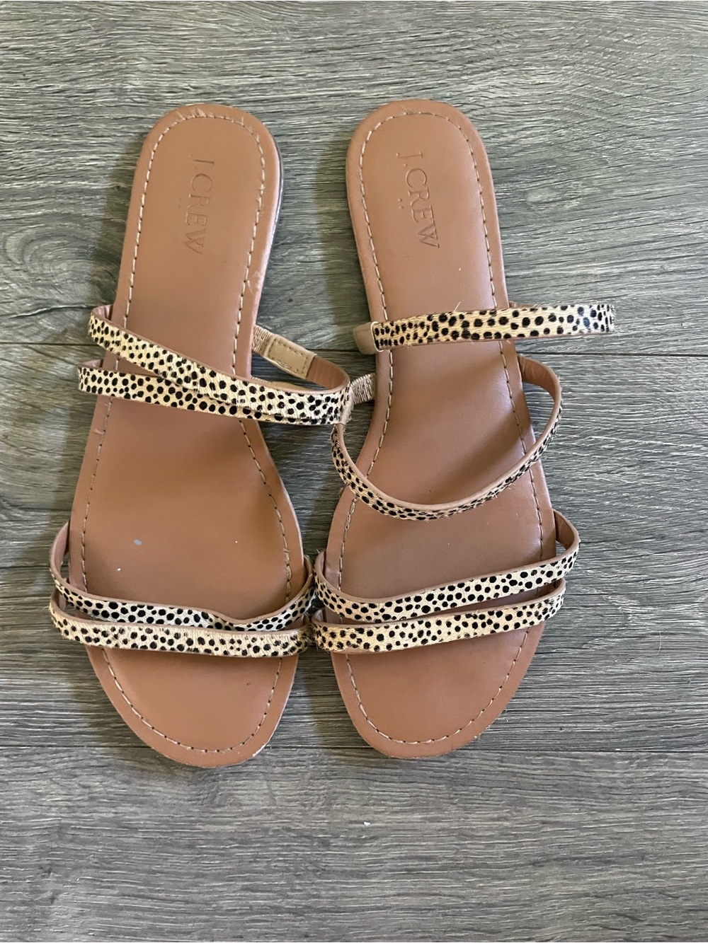 J. Crew Tan & Black Spotted Multi-Strap Slide Sandals